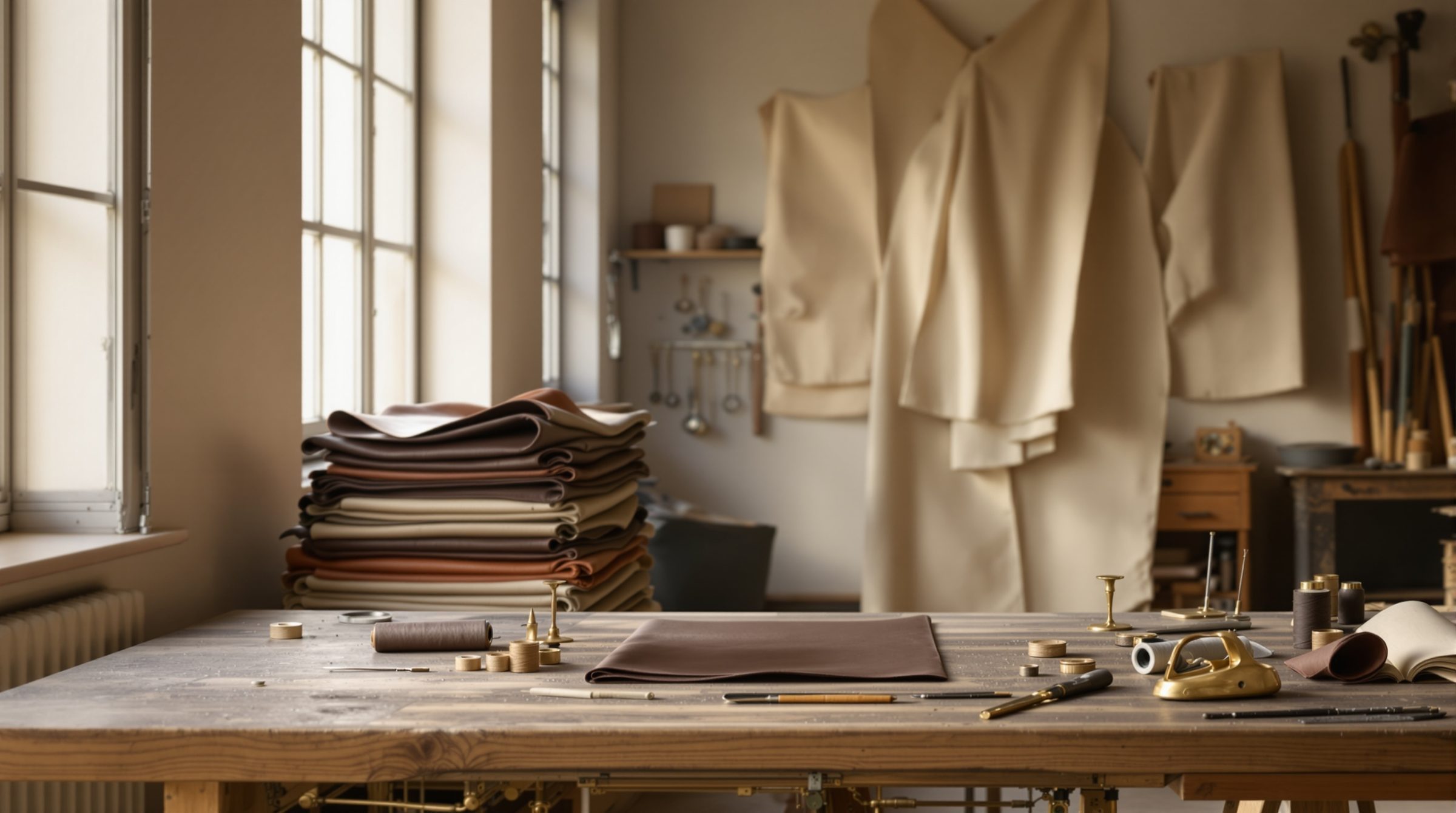 The LIETA workshop in Scandicci — long wooden workbench with brass tools, leather hides stacked, soft morning window light