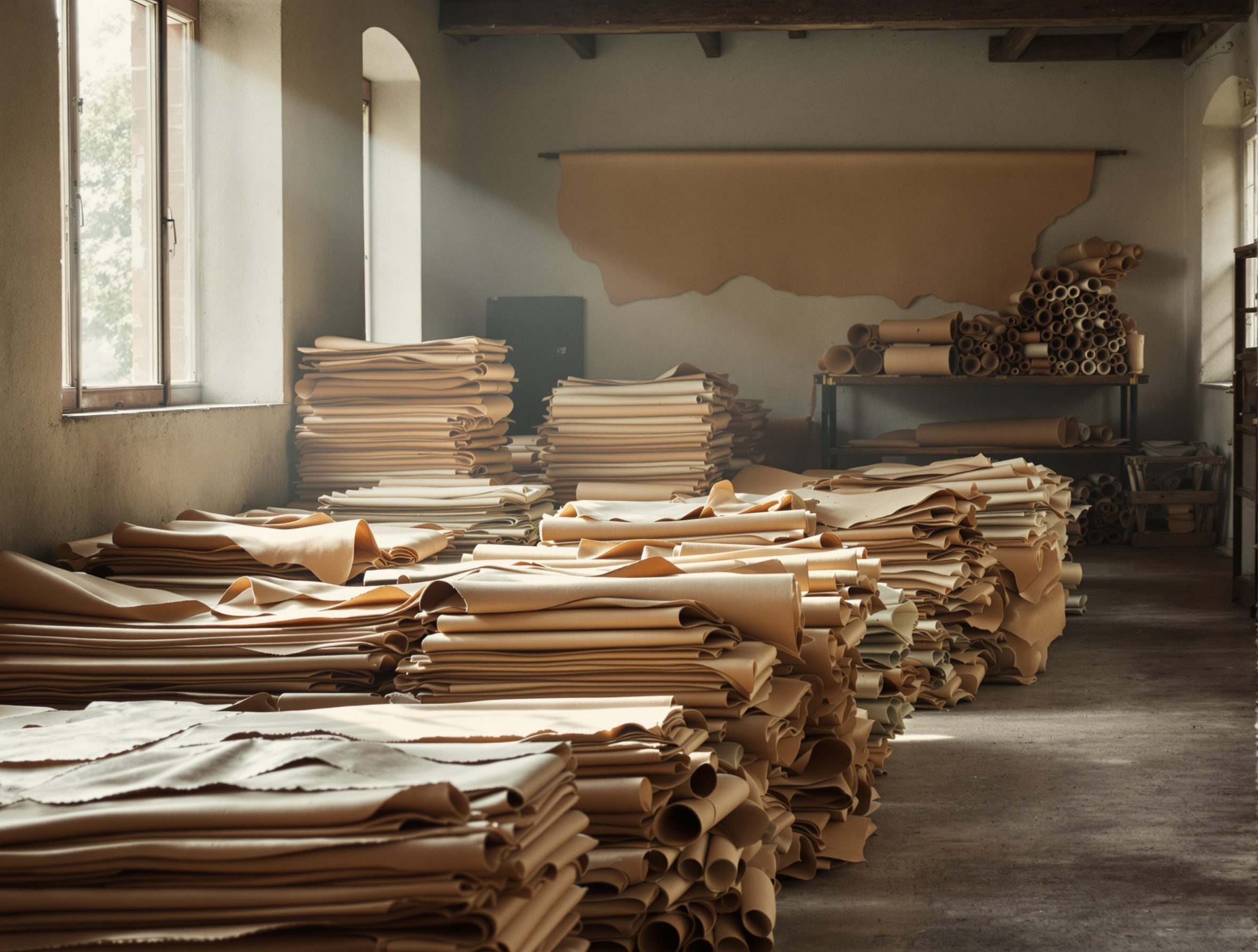 Vegetable-tanned Italian calf leather hides drying on wooden racks inside a Tuscan tannery — Walpier in Castelfranco di Sotto