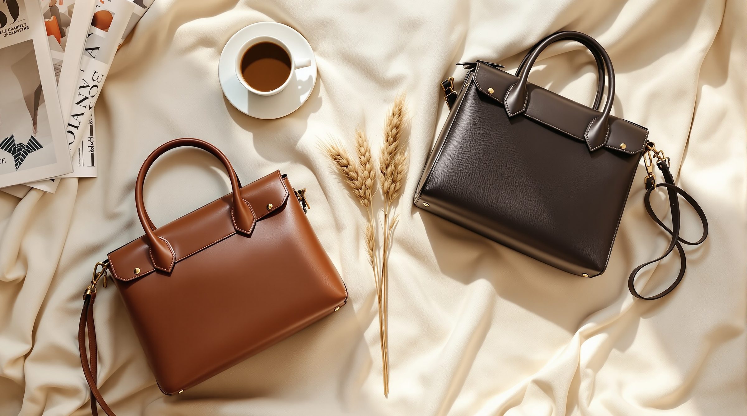 The Lungo in dunkelbraunem italienischem Kalbsleder auf einem Travertin-Sims in einem toskanischen Innenhof zum goldenen Stundenlicht — erschwingliche Luxustasche im Birkin-Register.