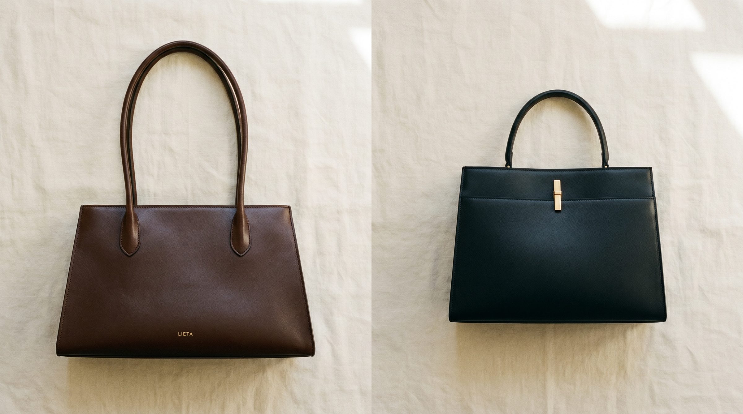 The Lungo in chocolate Italian Buttero leather alongside the editorial register Strathberry is known for — structured east-west top-handle silhouette in full-grain leather.